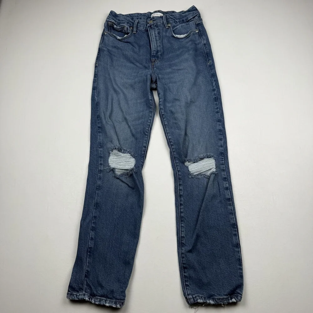 Good American Jeans Womens 4 27 Distressed High Rise Straight Leg Denim Classic‎